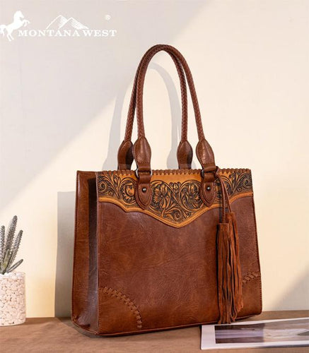 Tooled tote - brown