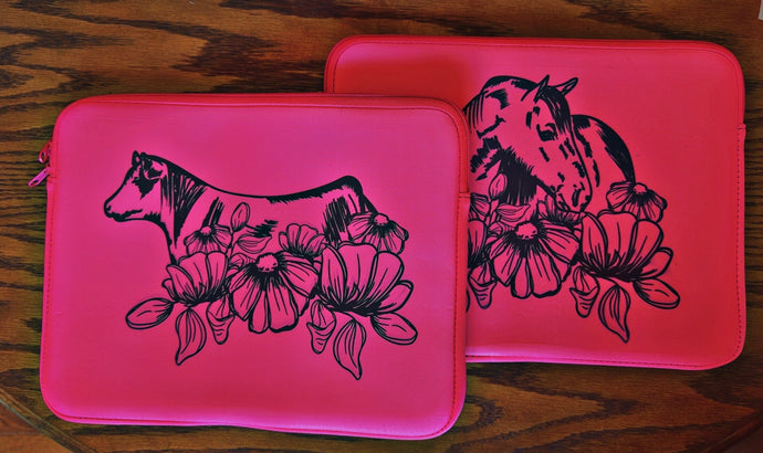 Hot pink spring floralLaptop/ tablet Sleeve( heifer, horse, lamb, highland)