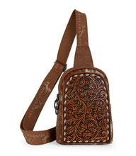Load image into Gallery viewer, Hide floral tooled sling bag- brown