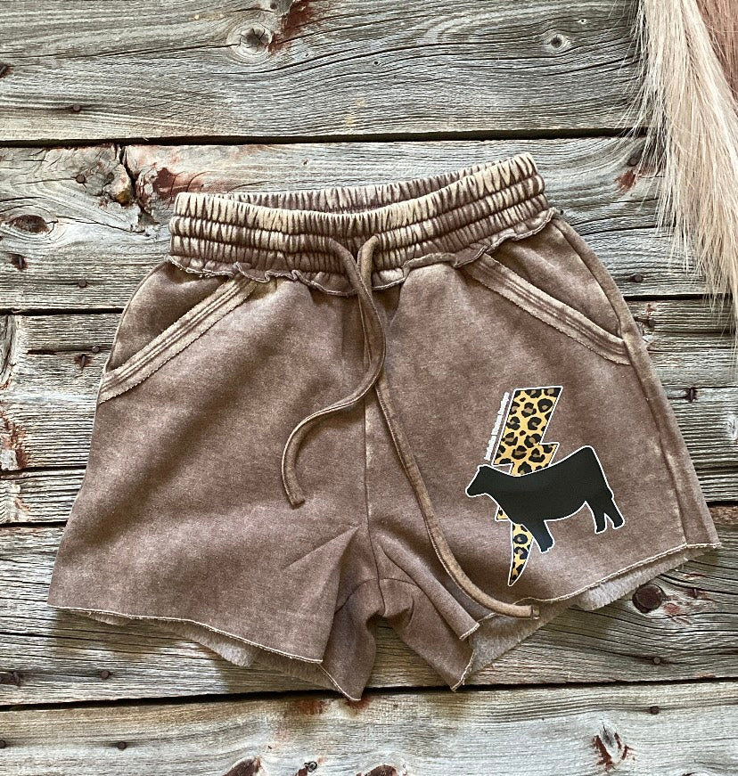 Mocha Acid wash shorts- black heifer with leopard