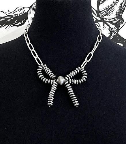 Navajo beaded bow necklace- silver