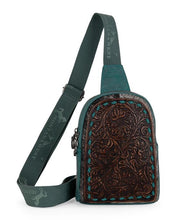 Load image into Gallery viewer, Hide floral tooled sling bag- turquoise