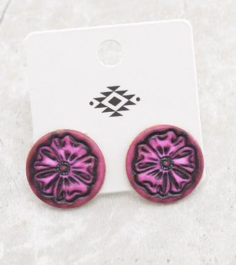 Tooled leather stud earrings- pink