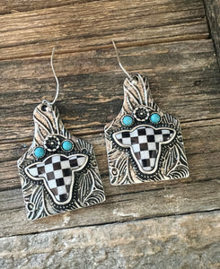 Checkered tooled tag earrings