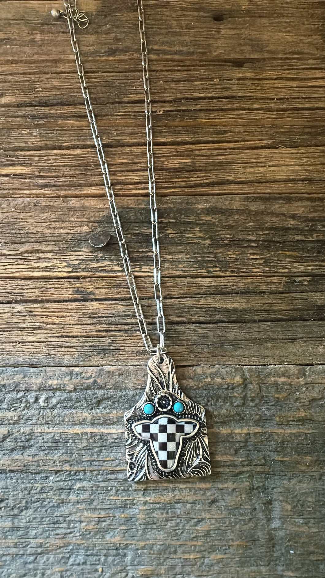 Checkered tooled tag necklace
