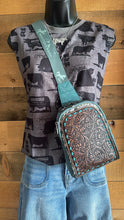 Load image into Gallery viewer, Hide floral tooled sling bag- turquoise