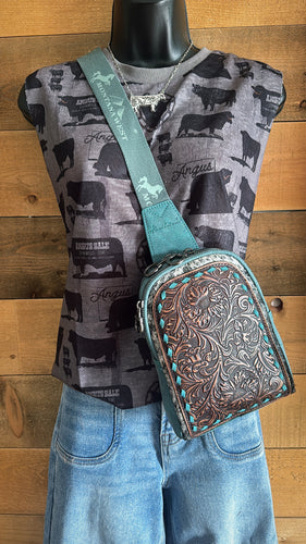 Hide floral tooled sling bag- turquoise