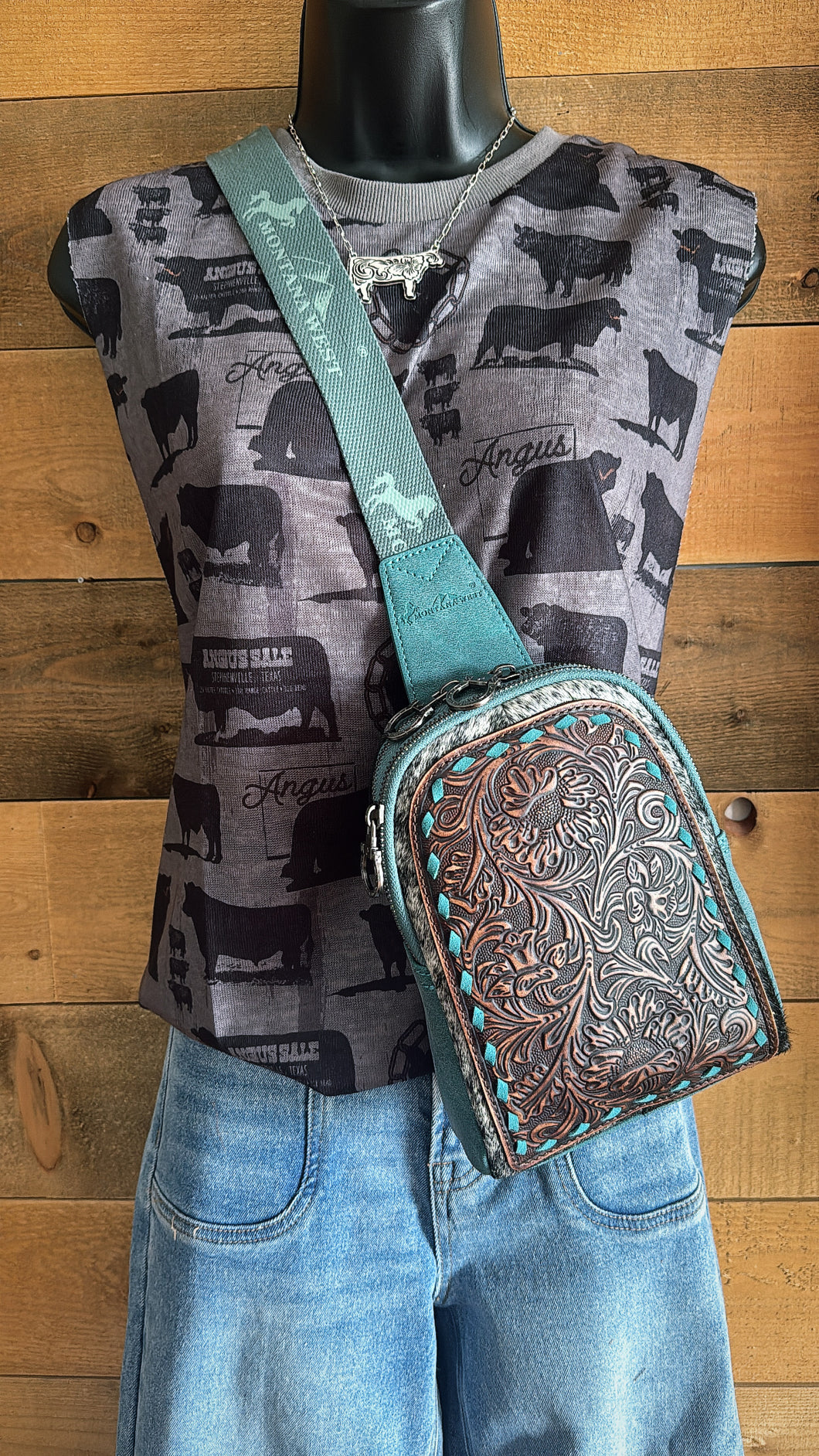 Hide floral tooled sling bag- turquoise