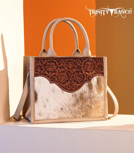 Cowhide floral tooled tote/crossbody-tan