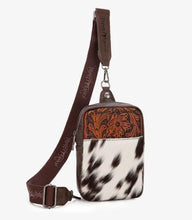 Load image into Gallery viewer, Cow hide tooled leather sling bag- coffee