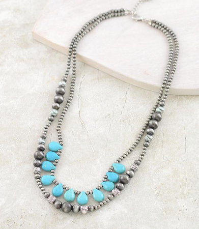 Navajo pearl bead  layered necklace- silver/turquoise