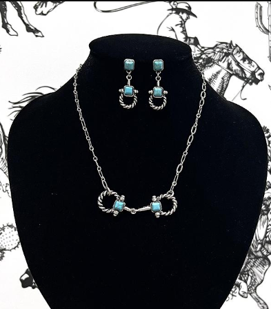 Horse bit necklace set - turquoise/silver