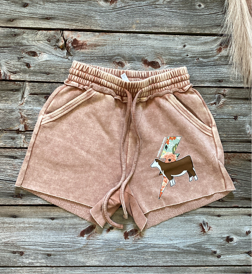 Rust Acid wash shorts- Hereford with floral