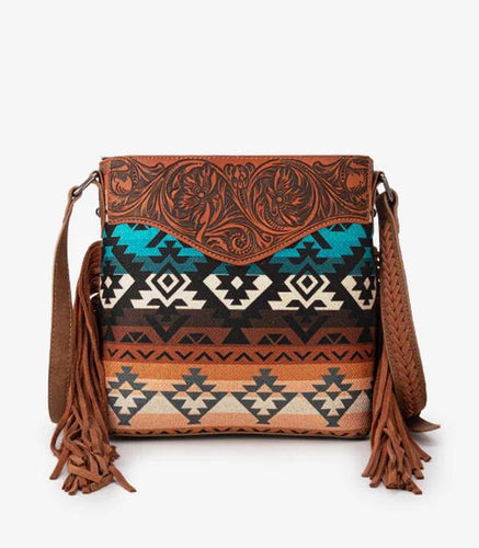 Tooled Aztec cross body- brown