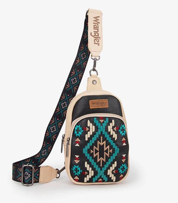 Wrangler southwest embroidered sling bag- black