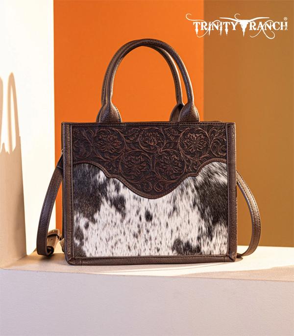 Cowhide floral tooled tote/crossbody-coffee