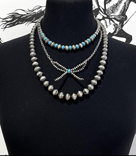 Navajo pearl layered bow necklace-silver turquoise