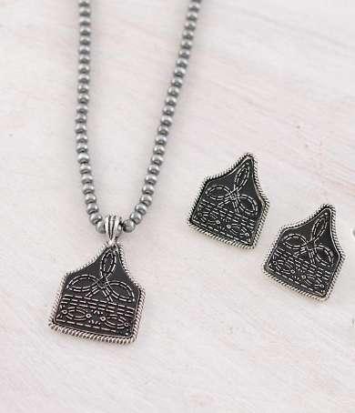 Boot stitch  cattle tag necklace set -silver