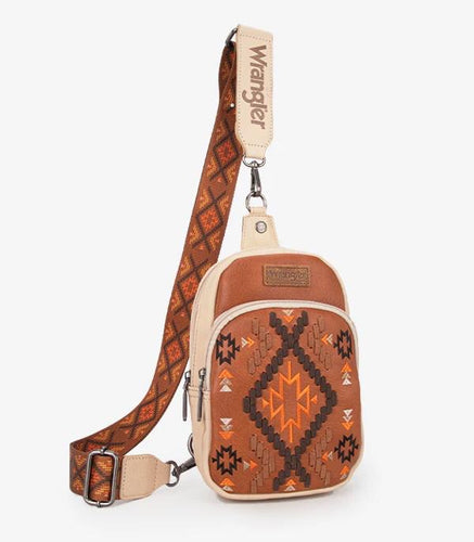 Wrangler southwest embroidered sling bag- brown