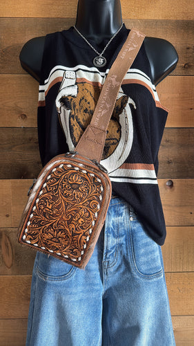 Hide floral tooled sling bag- brown