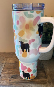 Leopard black heifer 40oz handled tumbler -blemished