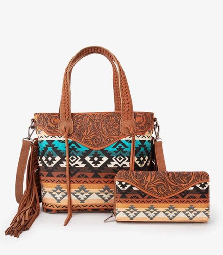 Tooled Aztec tote set- brown