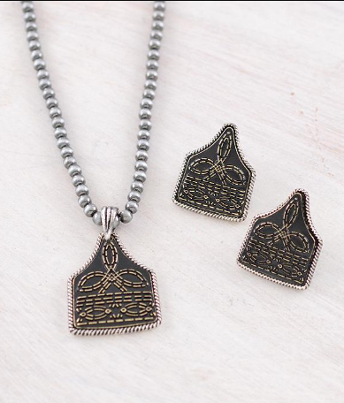 Boot stitch  cattle tag necklace set -gold