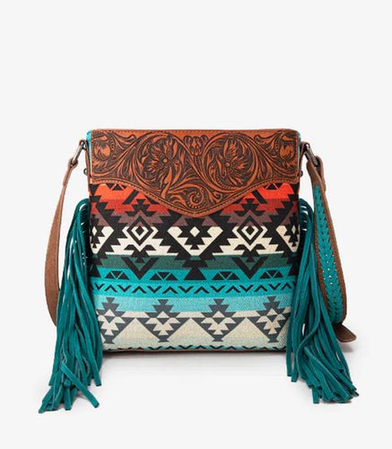 Tooled Aztec cross body- turquoise