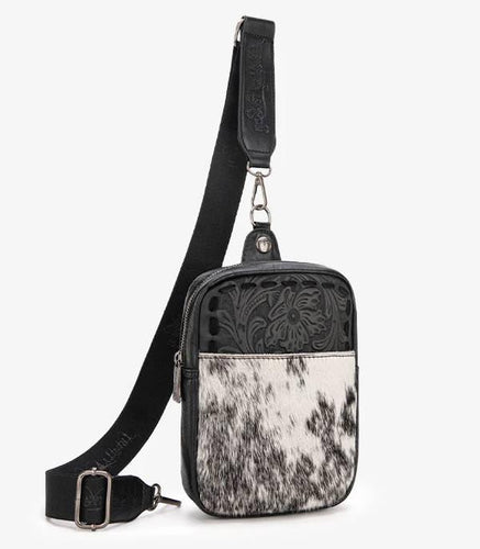 Cow hide tooled leather sling bag- black