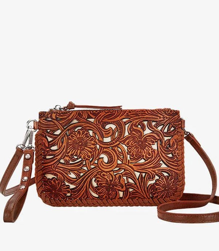 Tooled crossbody/ wristlet - brown