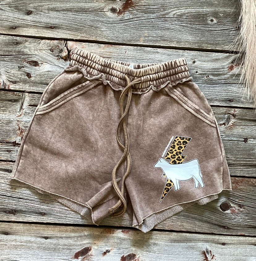 Mocha Acid wash shorts- white heifer with leopard