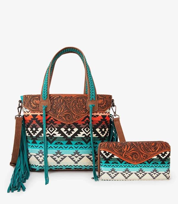 Tooled Aztec tote set- turquoise