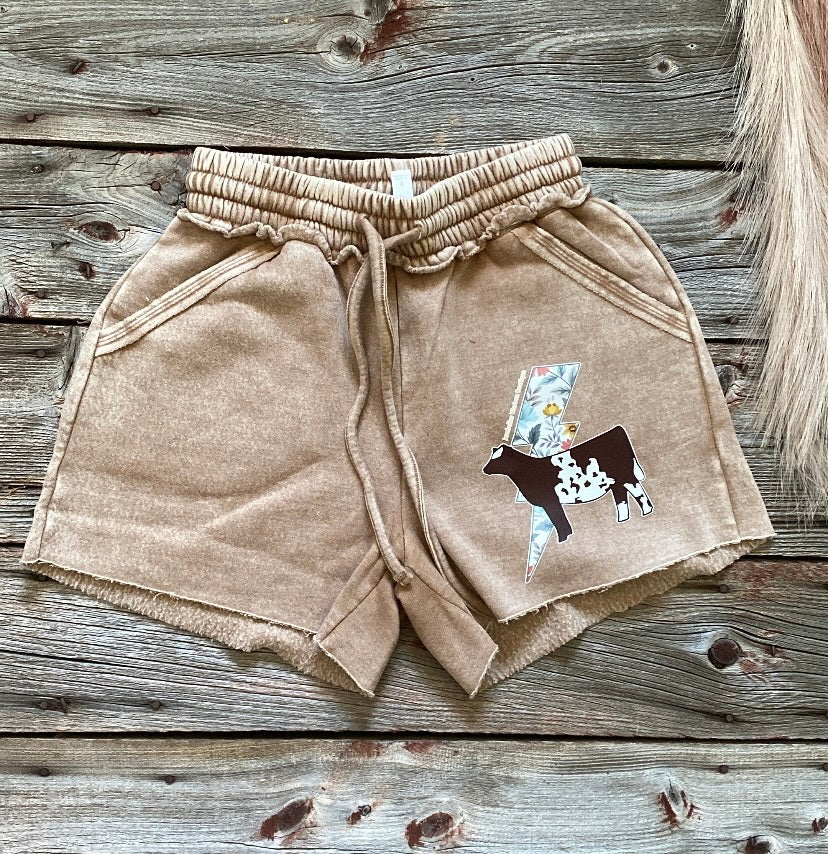 Beige acid wash shorts- shorthorn with floral