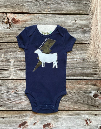 Navy white heifer & camo onesie -6M