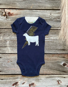 Navy white heifer & camo onesie -6M