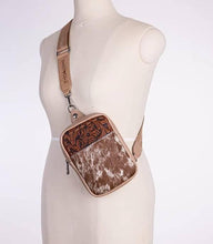 Load image into Gallery viewer, Cow hide tooled leather sling bag- coffee