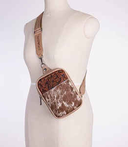 Cow hide tooled leather sling bag- coffee