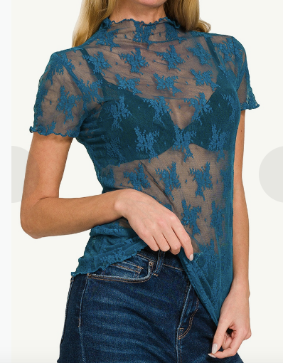 Sheer lace mock beck short sleeve top -multiple colours