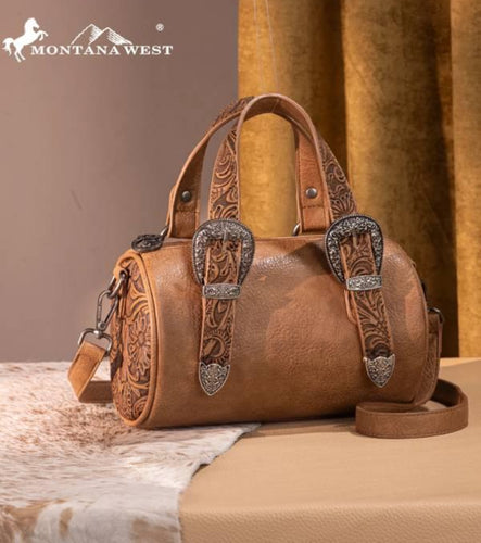 Western tooled buckle barrel bag -light brown