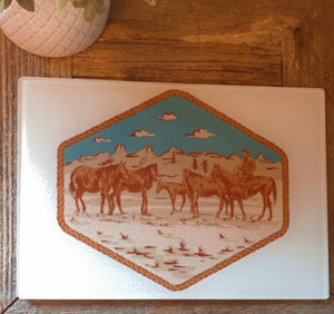 Cowboy & his horses - Glass Cutting Board(large size)