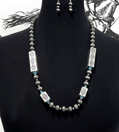 Aztec Navajo pearl set - silver and turquoise