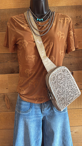 Hide floral tooled sling bag- tan