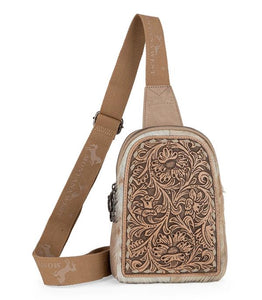 Hide floral tooled sling bag- tan