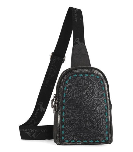 Hide floral tooled sling bag- black