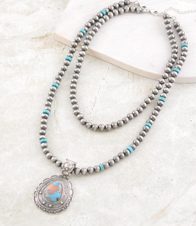 Navajo pearl bead layered necklace -turquoise