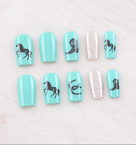 Western nail set -teal horse