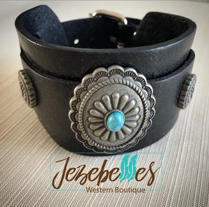 Black Leather Concho Cuff