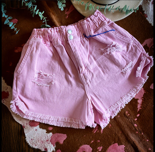 Pink denim distressed shorts- high waist